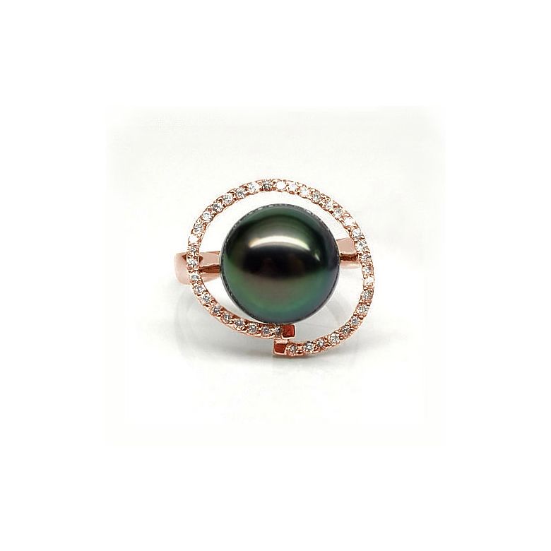Bague diadème diamanté - Perle de Tahiti verte - Or rose, diamants - 5