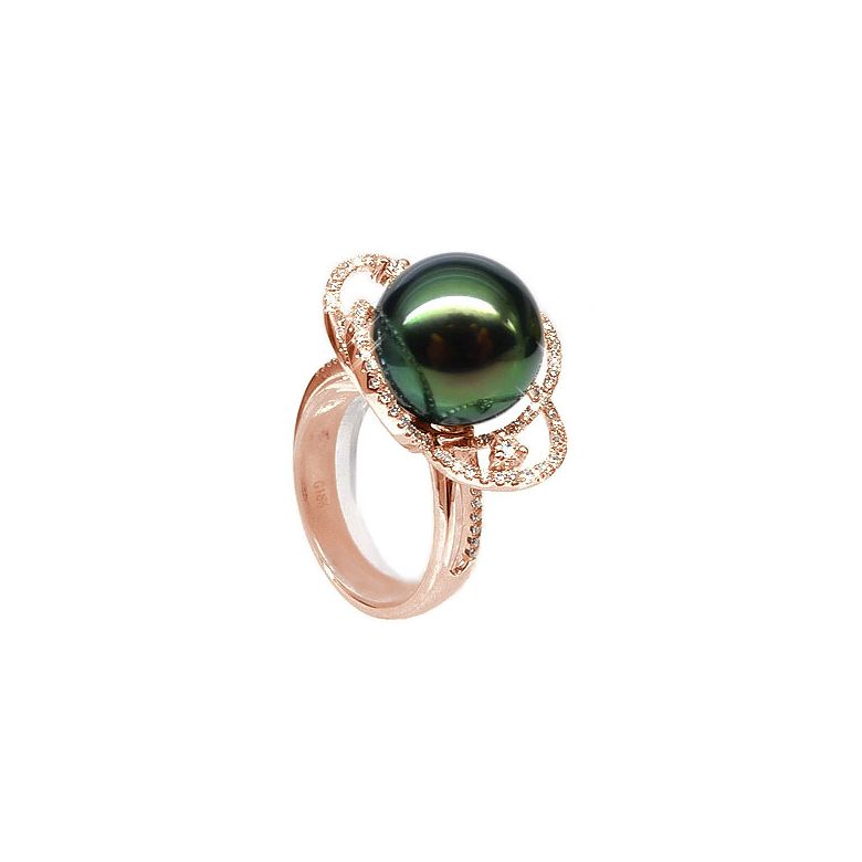 Bague fleur - Un matin de rosé - Perle de Tahiti, or rose, diamants - 1