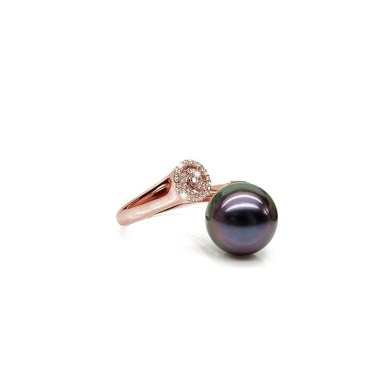 Bague perle de Tahiti verte aubergine - Or rose, diamants micro-sertis - 1