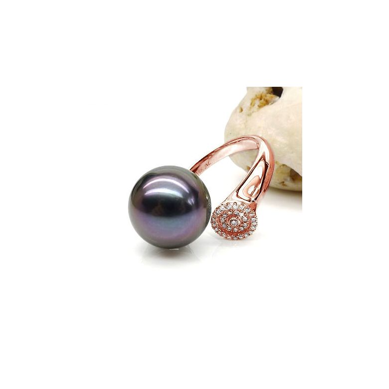 Bague perle de Tahiti verte aubergine - Or rose, diamants micro-sertis - 2