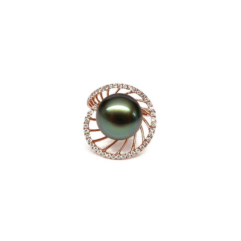 Bague or rose de forme elliptique - Perle de Tahiti, diamants - 1