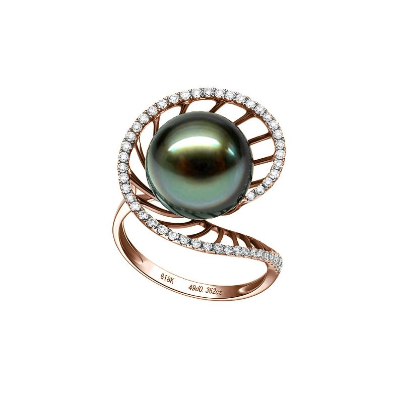 Bague or rose de forme elliptique - Perle de Tahiti, diamants - 3