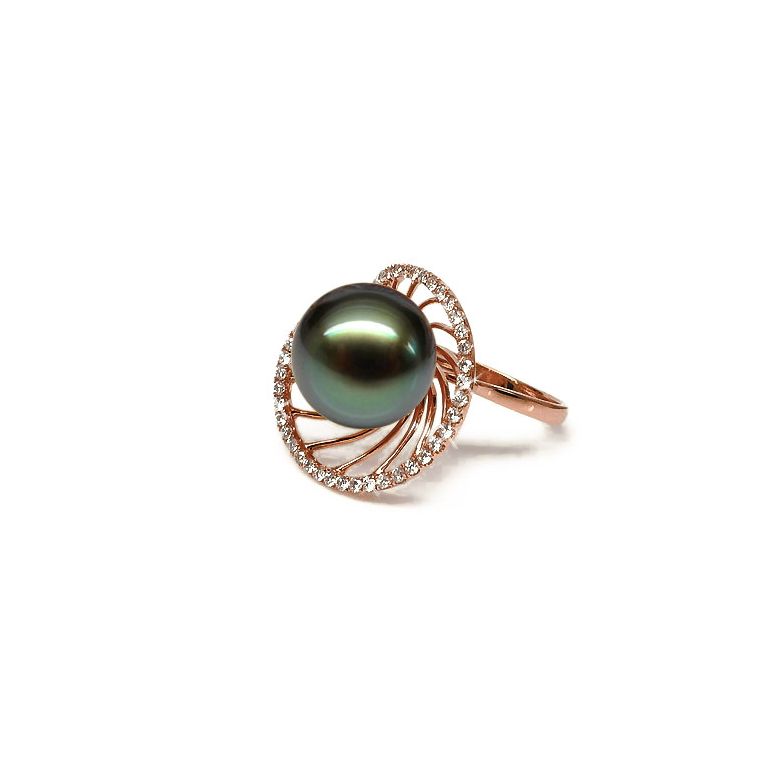 Bague or rose de forme elliptique - Perle de Tahiti, diamants - 6