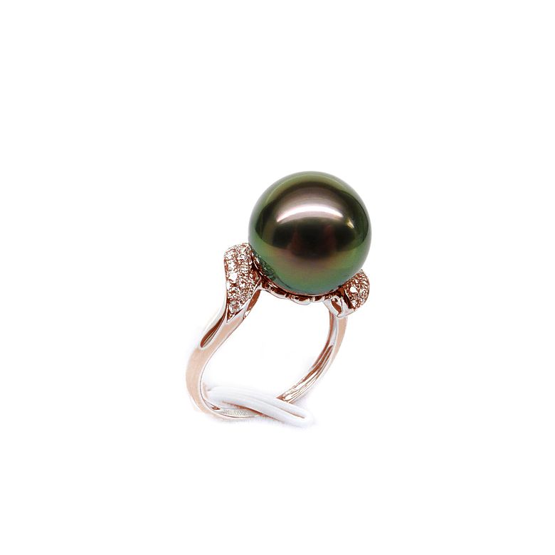 Bague solitaire standing avec sa perle de Tahiti - Or rose, diamants - 1