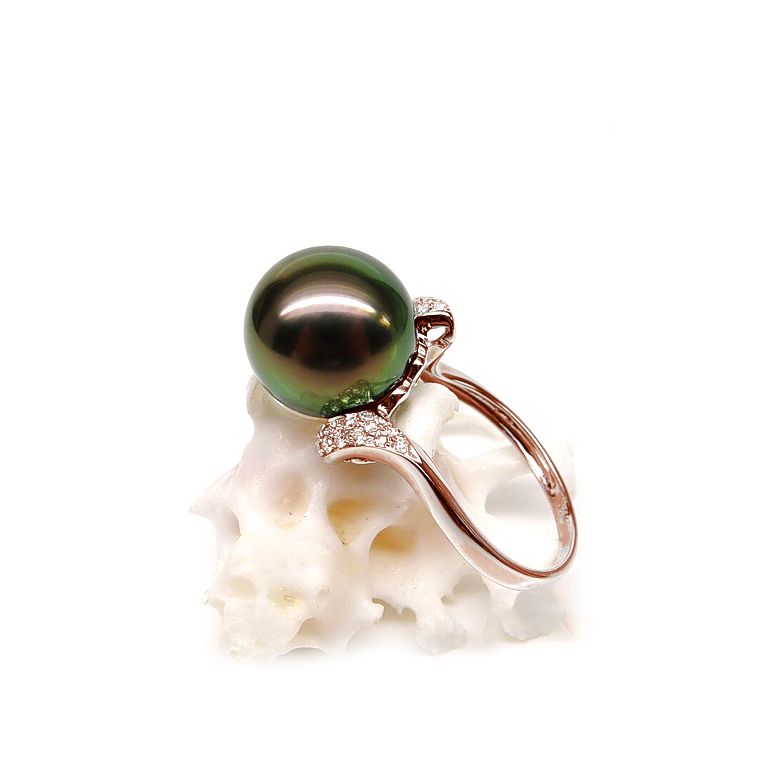 Bague solitaire standing avec sa perle de Tahiti - Or rose, diamants - 2