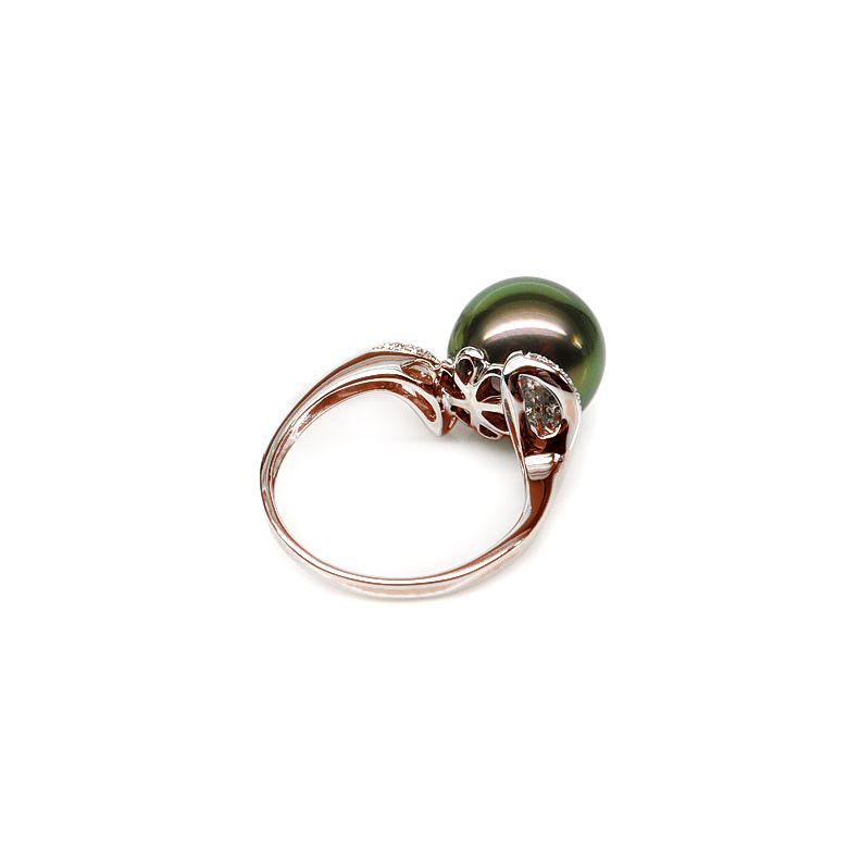 Bague solitaire standing avec sa perle de Tahiti - Or rose, diamants - 3