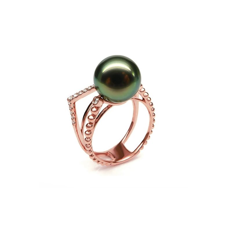 Bague perle de Tahiti, Or rose, diamants - Saperlipopette - 1