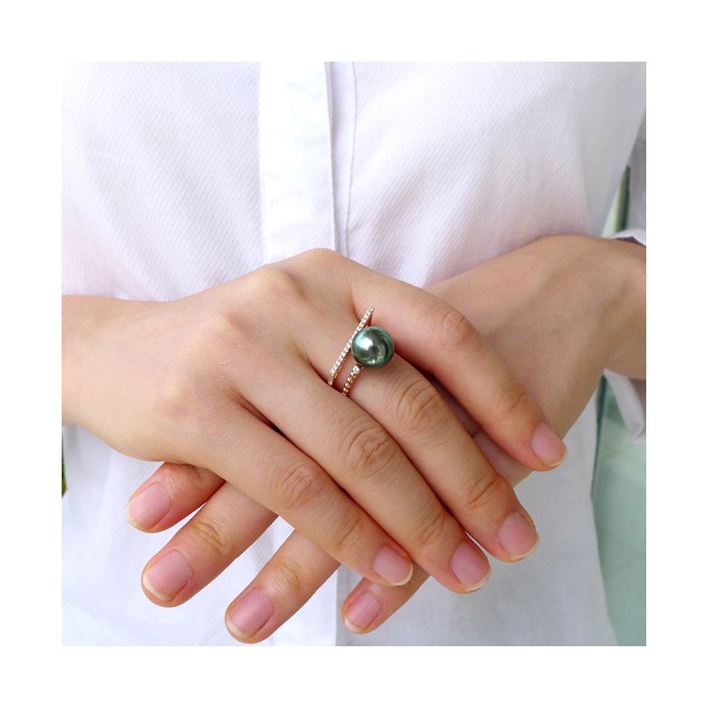 Bague perle de Tahiti, Or rose, diamants - Saperlipopette - 2