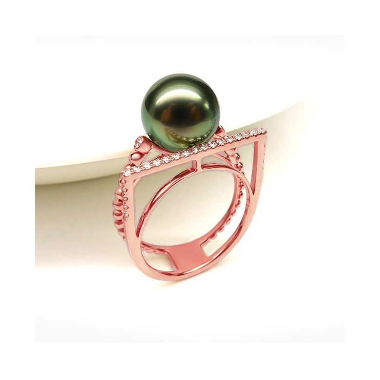 Bague perle de Tahiti, Or rose, diamants - Saperlipopette - 3