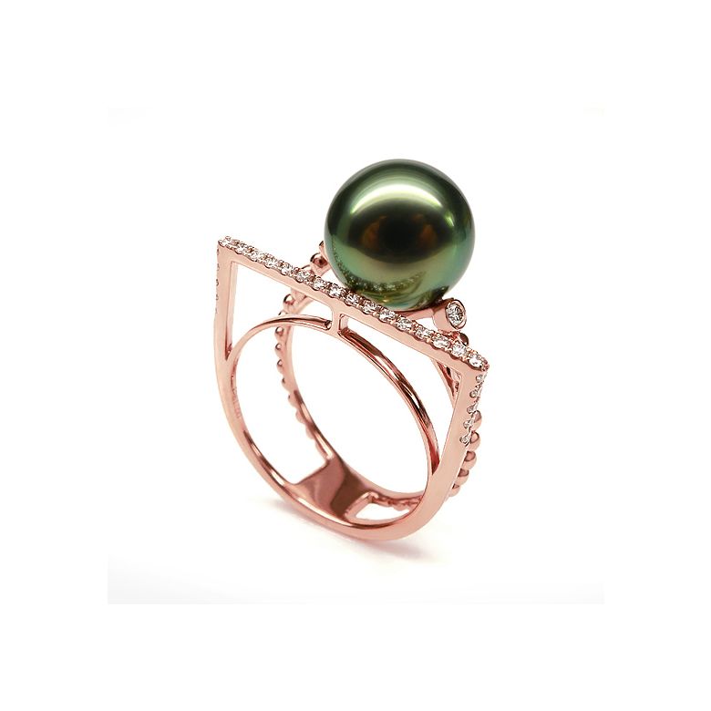 Bague perle de Tahiti, Or rose, diamants - Saperlipopette - 4