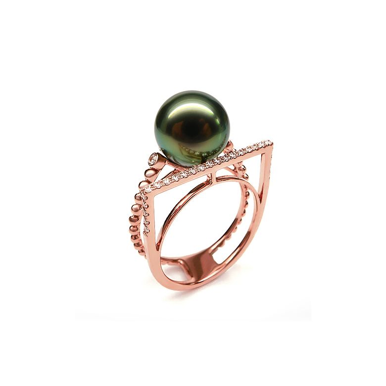 Bague perle de Tahiti, Or rose, diamants - Saperlipopette - 6