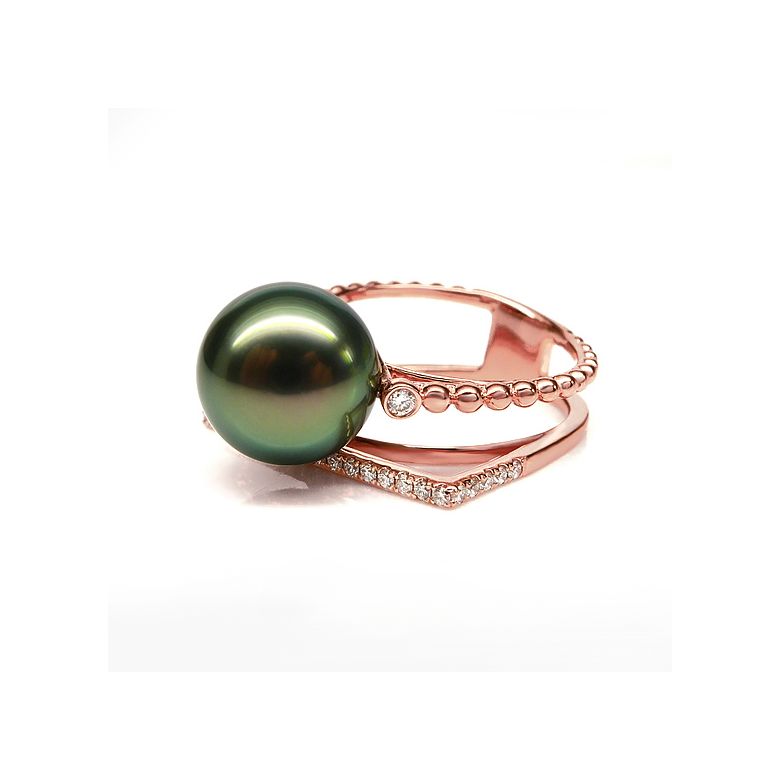Bague perle de Tahiti, Or rose, diamants - Saperlipopette - 7