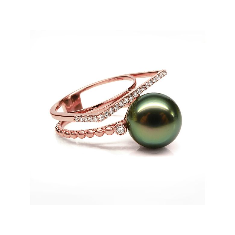 Bague perle de Tahiti, Or rose, diamants - Saperlipopette - 8