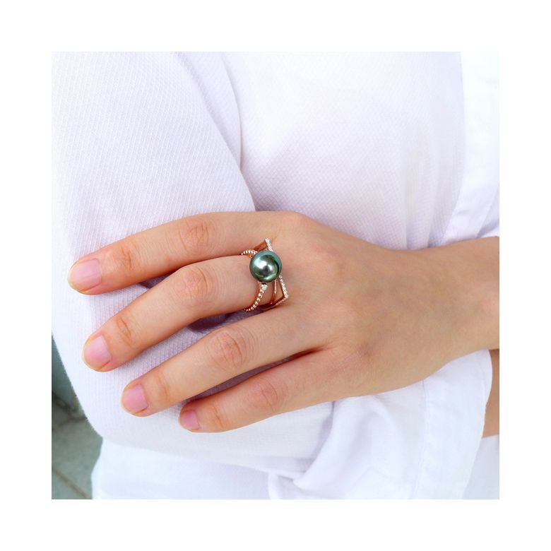 Bague perle de Tahiti, Or rose, diamants - Saperlipopette - 9