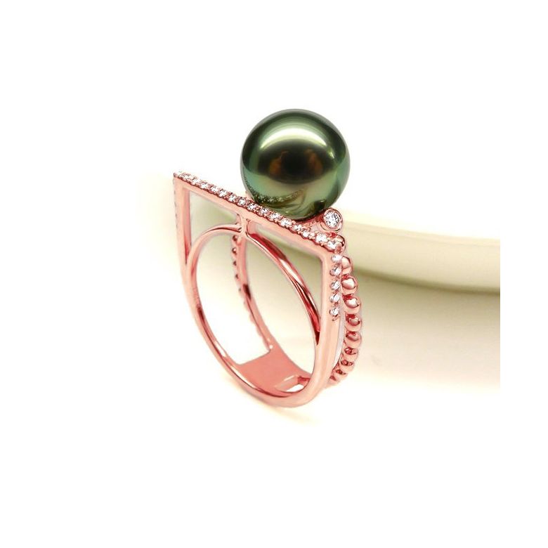 Bague perle de Tahiti, Or rose, diamants - Saperlipopette - 10