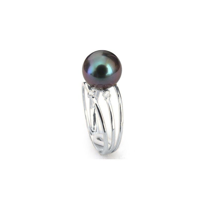 Bague 3 anneaux liés - Perle de Tahiti - Or blanc, diamants - 1