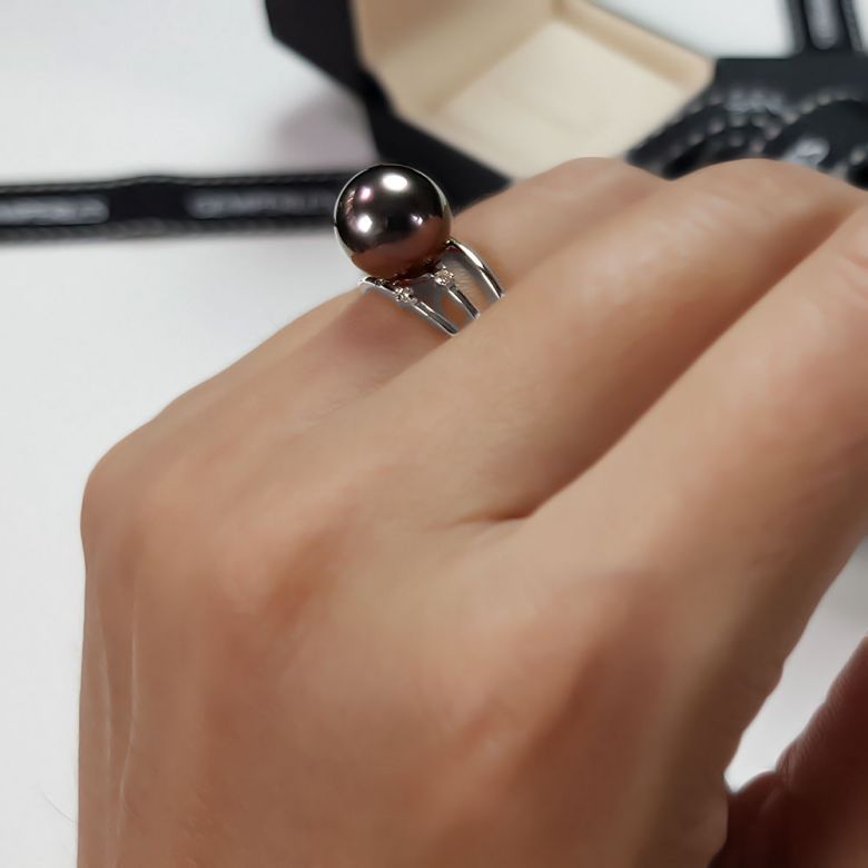 Bague 3 anneaux liés - Perle de Tahiti - Or blanc, diamants - 2