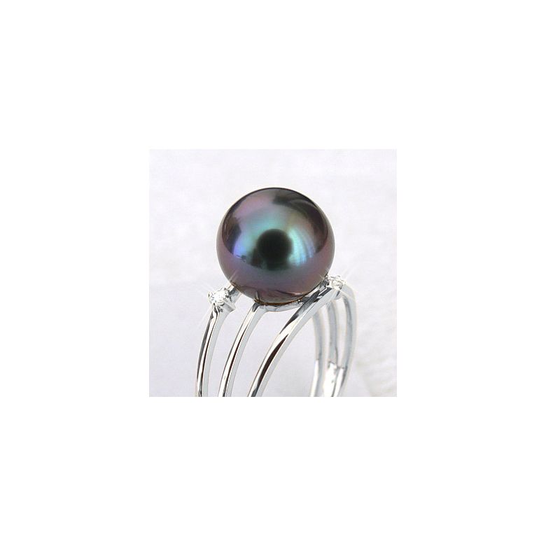 Bague 3 anneaux liés - Perle de Tahiti - Or blanc, diamants - 3