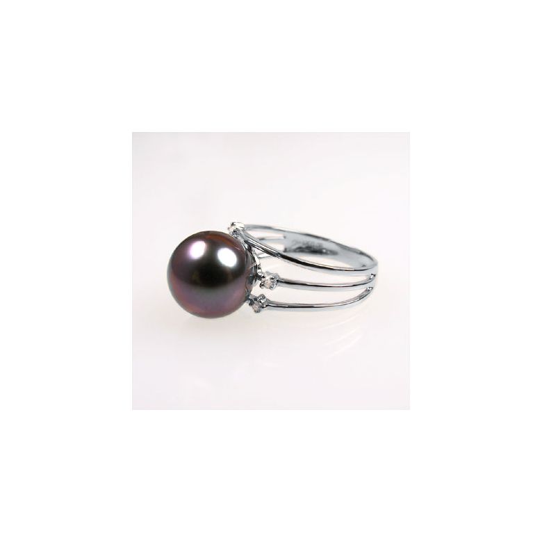 Bague 3 anneaux liés - Perle de Tahiti - Or blanc, diamants - 4