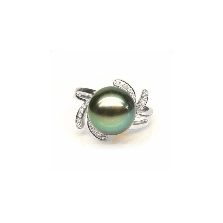 Bague fleur or blanc - Perle de Tahiti - Diamants enchassés aux pétales - 1