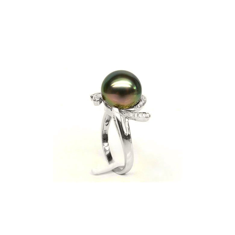 Bague fleur or blanc - Perle de Tahiti - Diamants enchassés aux pétales - 3