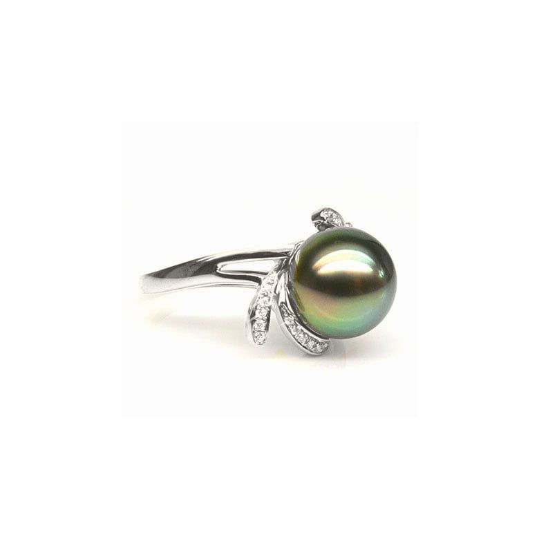 Bague fleur or blanc - Perle de Tahiti - Diamants enchassés aux pétales - 4