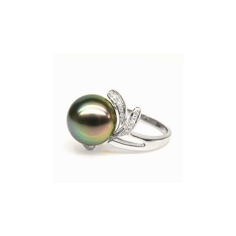 Bague fleur or blanc - Perle de Tahiti - Diamants enchassés aux pétales - 5