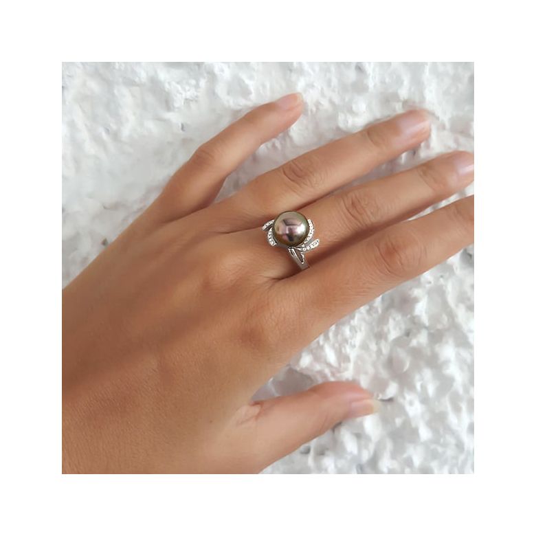 Bague fleur or blanc - Perle de Tahiti - Diamants enchassés aux pétales - 7