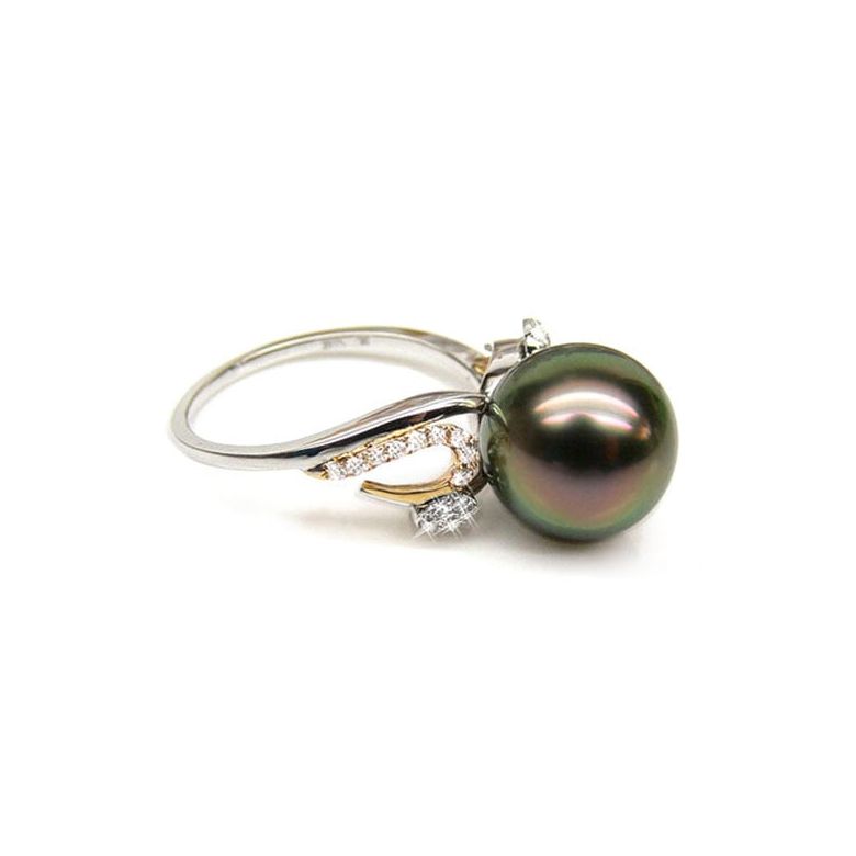 Bague deux ors - Perle de Tahiti noire, paon - Diamants or blanc et jaune - 1