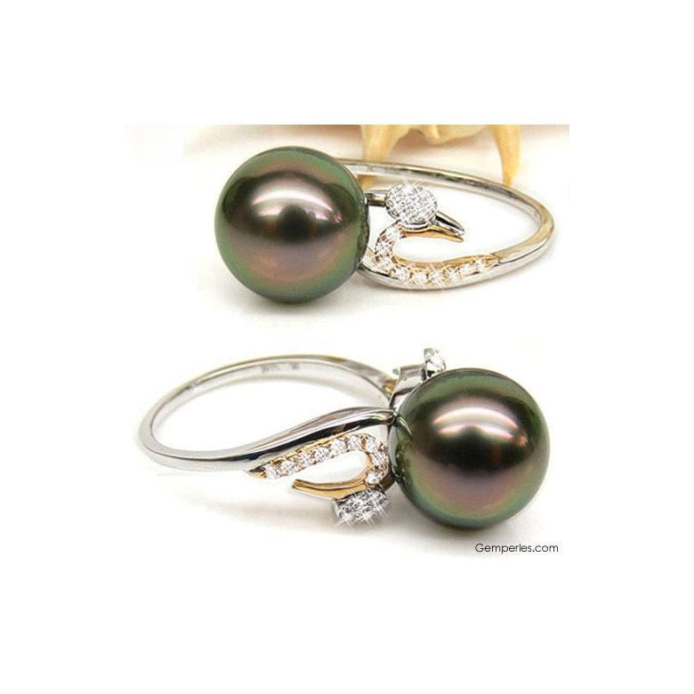 Bague deux ors - Perle de Tahiti noire, paon - Diamants or blanc et jaune - 3