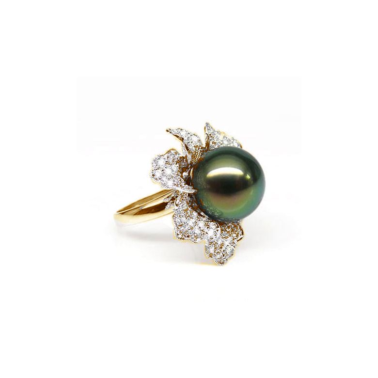 Bague perle de Tahiti - Pétales, fleur pavée de diamants - Or jaune - 1