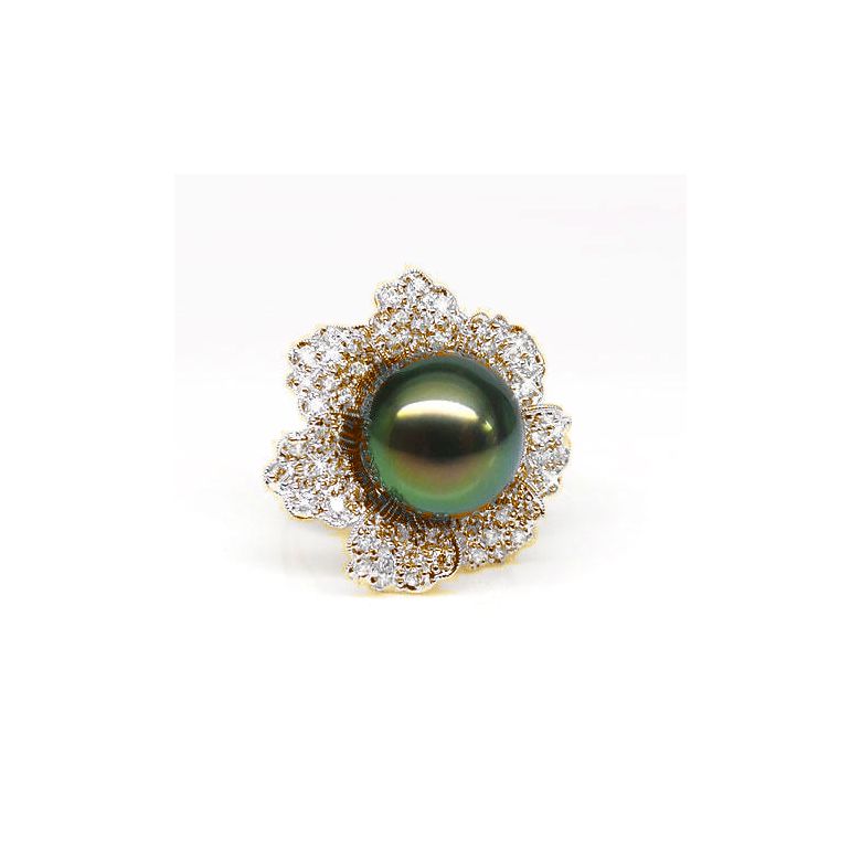 Bague perle de Tahiti - Pétales, fleur pavée de diamants - Or jaune - 2