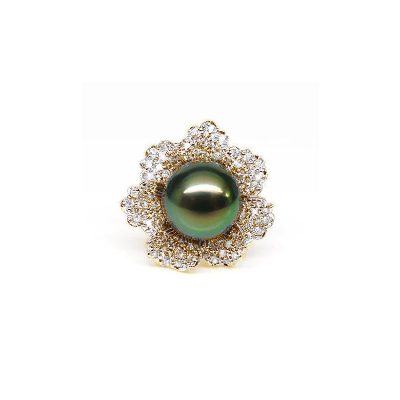 Bague perle de Tahiti - Pétales, fleur pavée de diamants - Or jaune - 3
