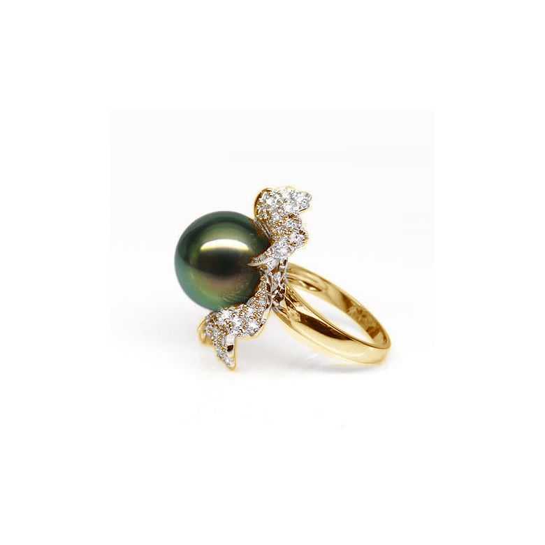 Bague perle de Tahiti - Pétales, fleur pavée de diamants - Or jaune - 4