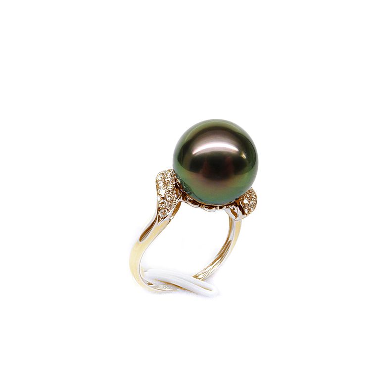 Bague solitaire standing avec sa perle de Tahiti - Or jaune, diamants - 1