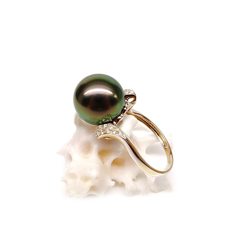 Bague solitaire standing avec sa perle de Tahiti - Or jaune, diamants - 2