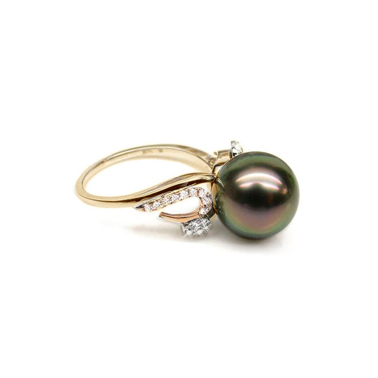 Bague deux ors - Perle de Tahiti noire, paon - Diamants or jaune et rose - 1