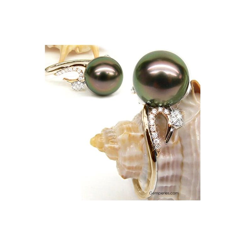 Bague deux ors - Perle de Tahiti noire, paon - Diamants or jaune et rose - 2