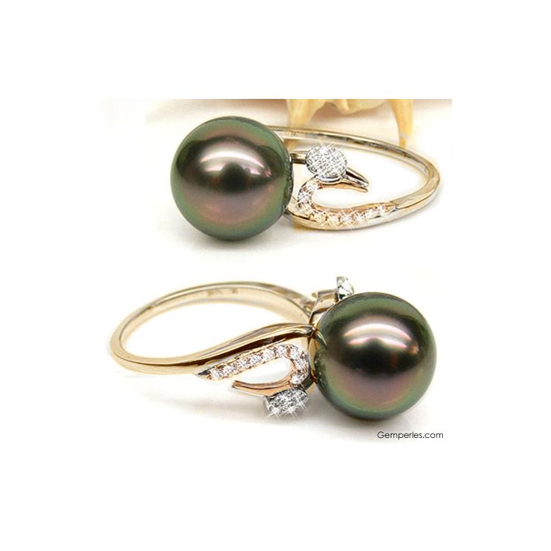 Bague deux ors - Perle de Tahiti noire, paon - Diamants or jaune et rose - 3