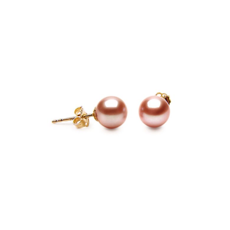 Clous oreille or jaune - Boucles perles d'eau douce roses - 8/9mm - 1