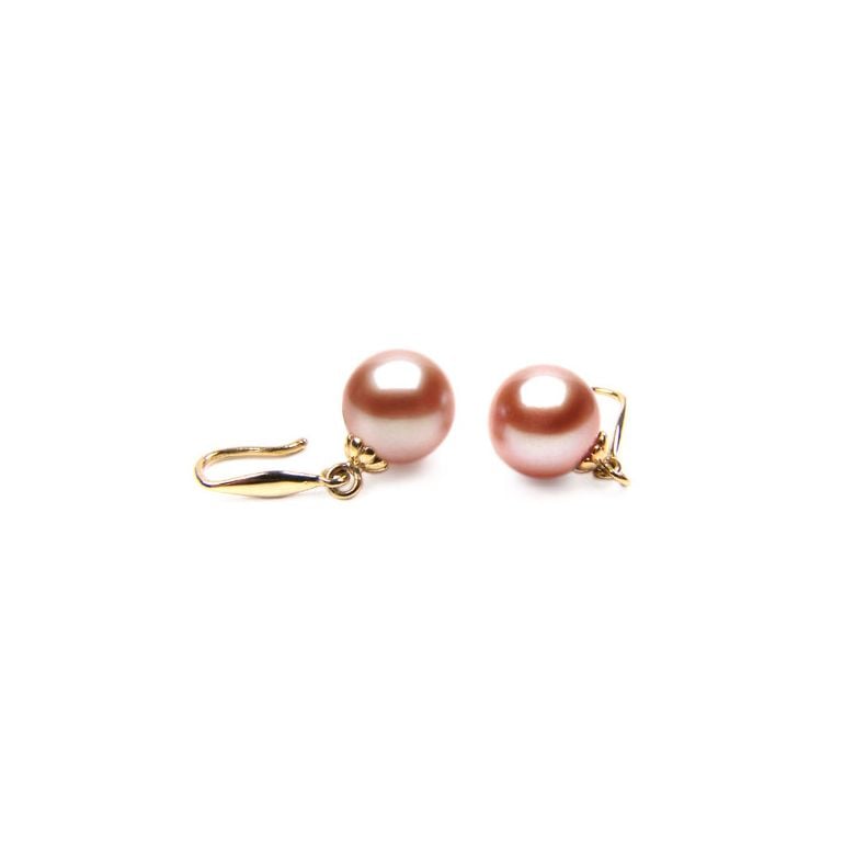 Boucle oreille or jaune - Crochets perles de culture roses - 8/9mm - 1