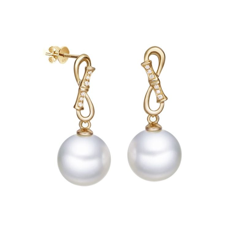 Boucles d'oreilles pendantes Bamboo - Or jaune, diamants et perles - 1