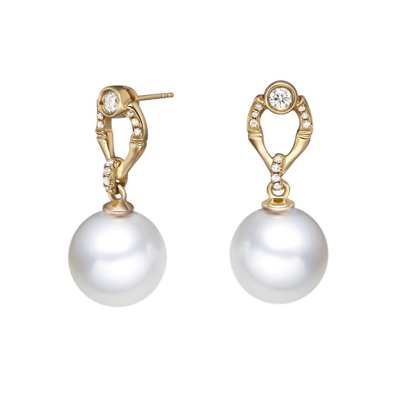 Boucles d'oreilles bambou en or jaune, perles et diamants - 1