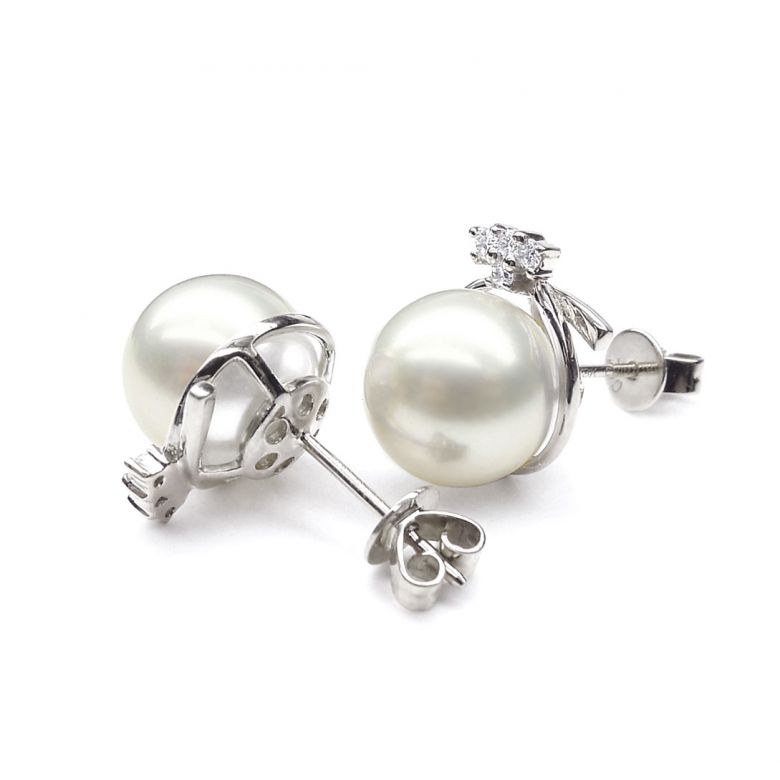 Clous d'oreilles chapeau demoiselle en perles - Or blanc, diamants - 3