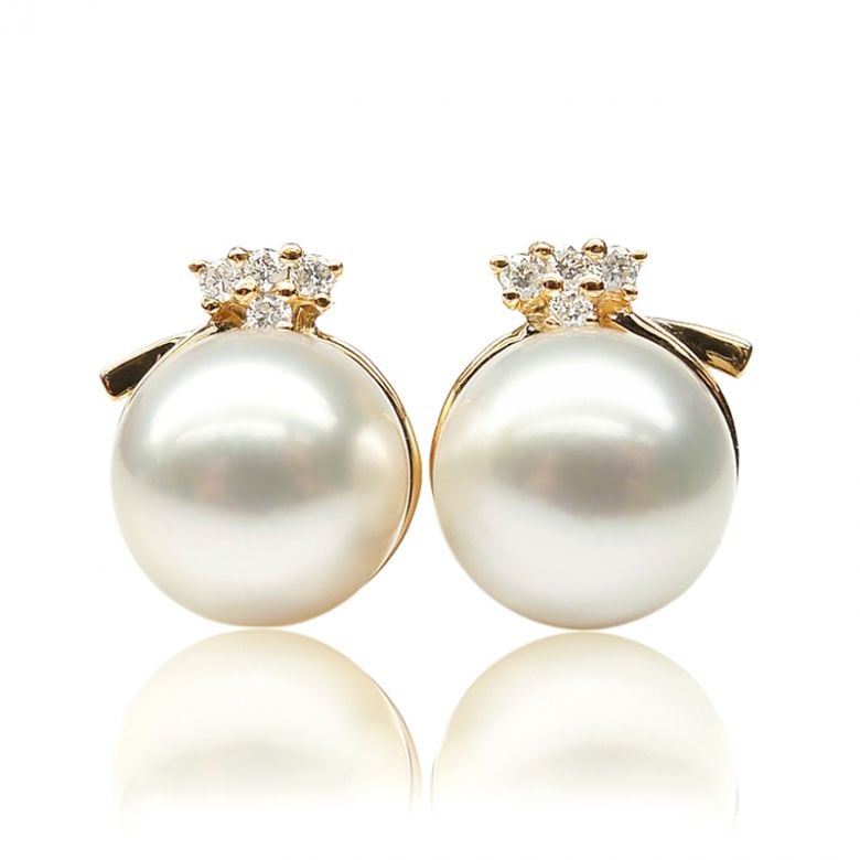 Boucles oreilles chapeau demoiselle - Or jaune, perles et diamants - 1