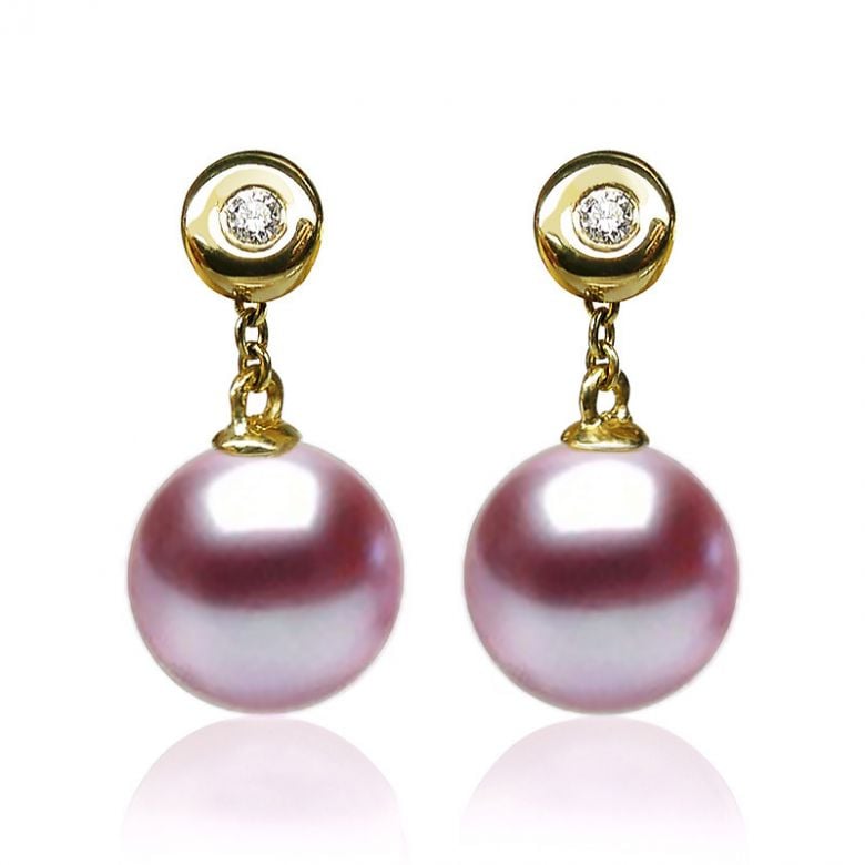Pendants d'oreilles en perles de culture. Disque d'or et chaînette - 4