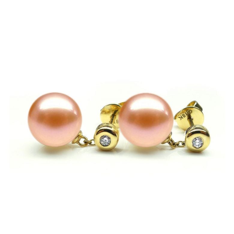 Pendants d'oreilles en perles de culture. Disque d'or et chaînette - 7