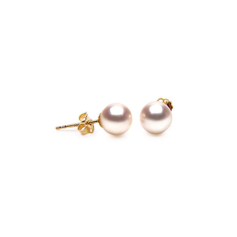 Boucles oreille or jaune - Clous oreilles perles Akoya Japon, 7.5/8mm - 1