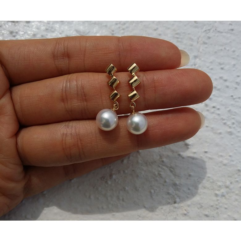 Boucles d'oreilles pendantes - Or jaune - Perles de culture - Akoya - 7/7.5mm - 2