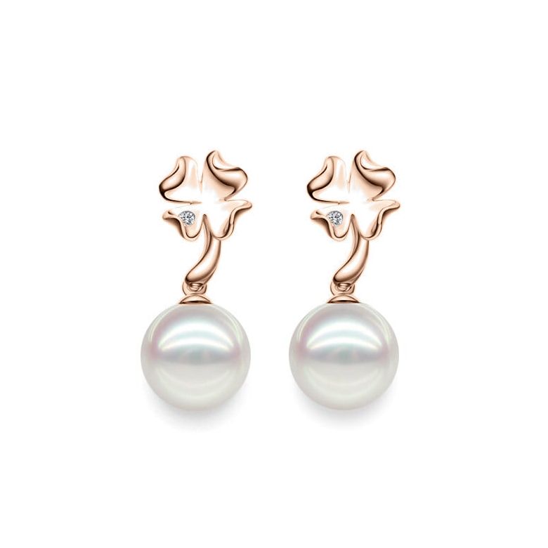 Boucles oreilles pendants - Perles Akoya - AAA - Or rose et Diamants - 2